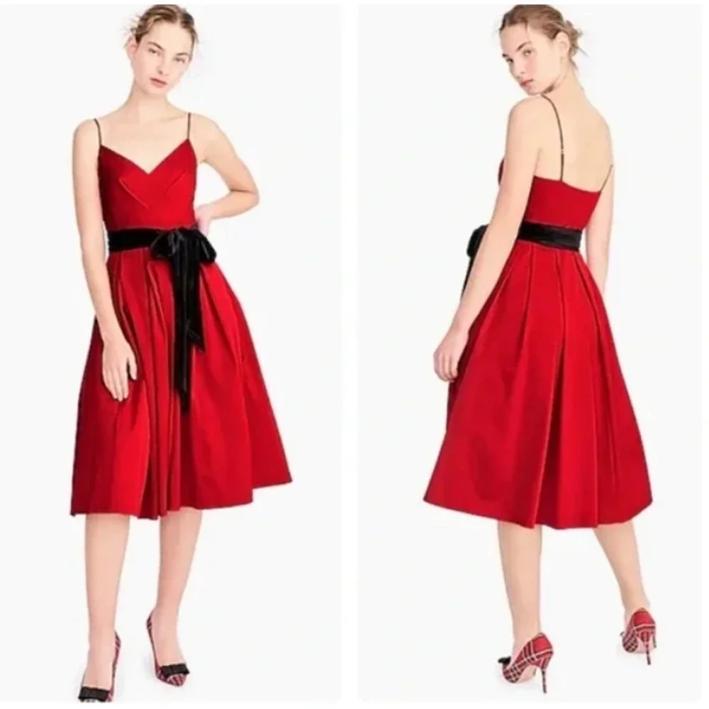 J. Crew Red Spaghetti Strap Pleated Cocktail Taffeta Dress Size 6 Fit & Flare